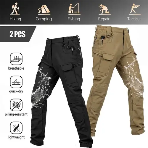 Men’s solid-color tactical work pants, 230 g/m² new fabric, with multiple pockets and zipper closures; durable outdoor training pants available in multiple colors—ideal for fishing, work, and camping; suitable for spring and autumn wear.