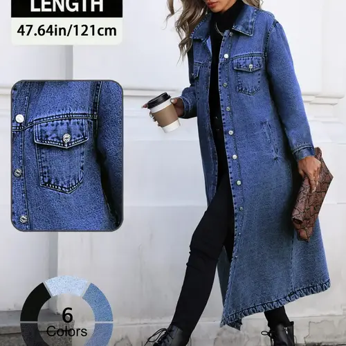Women's Button Front Denim Coat, Fashion Casual Outerwear, Jean Coat, Elegant Casual Long Sleeve Denim Jacket for Spring & Fall, Women's Clothing for Daily Wear