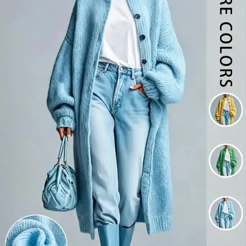 Women's Solid Color Casual Long Knit Cardigan, Button Stand Collar Long Sleeve Fall & Winter Baggy Loose Oversize Sweater Coat, Comfortable Outerwear