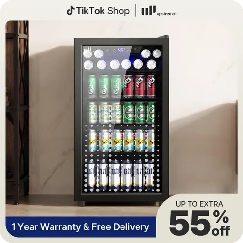 Upstreman 3.2 Cu.Ft Mini Fridge - 3.0 Cu. Ft & Above Energy Saver Cooler with 126-Can Tempered Glass Door, 32°F-60°F Adjustable Temp, Compact Bubble Pattern Design, Silent, 18.5x17.5x32.8", Black-B126 for Home Users (Home Bar, Living Room)