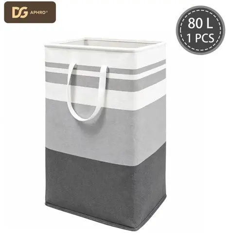 DGAPHRO Modern Laundry Hampers - 80L Heavy Duty Striped Cotton-Flax Laundry Basket, 15.7x12x25.5", Collapsible Flat-Pack Freestanding, Waterproof Odour Control Lining, Long Handle for Camping Bathroom Use