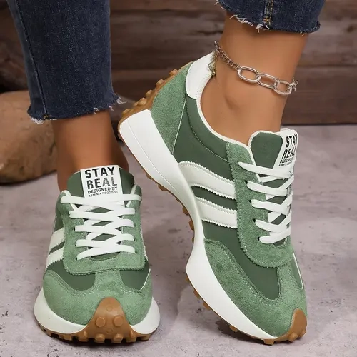 OFIREND Women's Retro Color Block Stripe Lightweight Suede Platform Athletic Trainers - Shock-Absorb Gum Rubber Non-Slip Lace-Up, Thick-Soled Streetwear, All-Seasons Casual Shoes for Back to School Travel, Thick Soled Trainers, Casual Sporty Trainers,soho