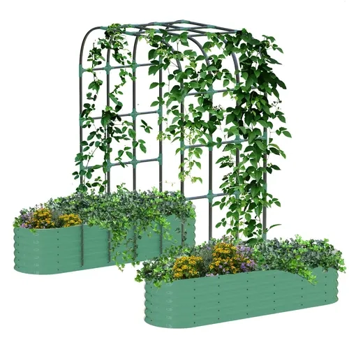 [Huge Clearance! Low Cost for Next‑Year Gains]2Pcs Raised Garden Trellis Bed Set 200x60x45cm Planter Box + 180x90x240cm Arch Trellis Climbing Frame 0.6mm Color Steel Metal Vegetable Flower Planters with Butterfly Nut Assembly