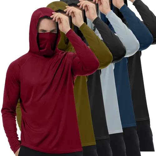 HOVSIYLA 6 Pack Mens Sun Protection Fishing Hoodie with Face Mask Long Sleeve Compression Work Shirt Construction Quick Dry