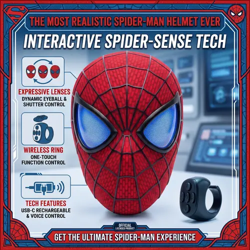 Marvel 1:1 Scale Spider Mask for Adults, Remote Control Plastic Mask with Skin-friendly Red & Blue LED Lights (26x19x11cm) - Ideal for Halloween Cosplay,sohochic