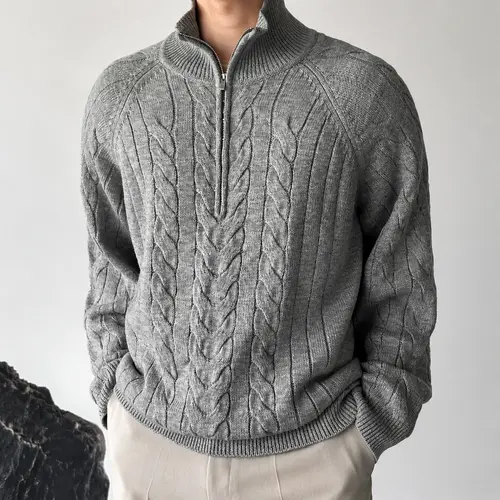 Men's Chunky Cable Knit Sweater Clothing - Oversized Half-Zip Mock Neck Loose Knit Sweater Pullover, Polyester Longsleeves Casual Knitwear for Fall Winter Streetwear