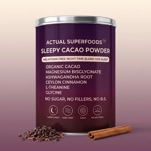 Actual Superfoods Sleepy Cacao – Melatonin Free Sleep Aid Hot Chocolate with Magnesium Glycinate, Ashwagandha, L-Theanine & Glycine – Nighttime Drink Mix for Deep Sleep – No Sugar, Non-Habit Forming, 30 Servings