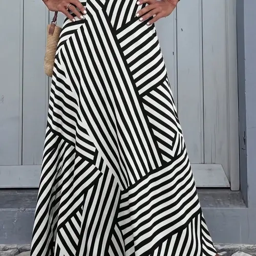 Women's and Irregular Striped Long Skirt, High Waist Flowy A-Line Dress, Elegant and Stylish Midi Skirt for Daily Wear