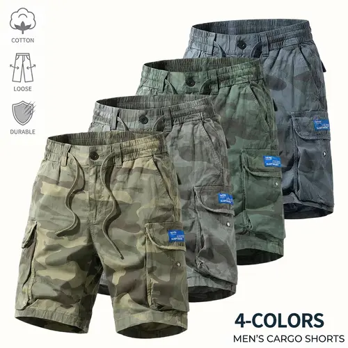 Men's American Vintage Distressed Camouflage Cargo Drawstring Shorts - Pure Cotton Breathable Fabric, Flap Large Pockets, Mid Waist Elastic Waistband, Normal Type, Machine Washable Casual Shorts