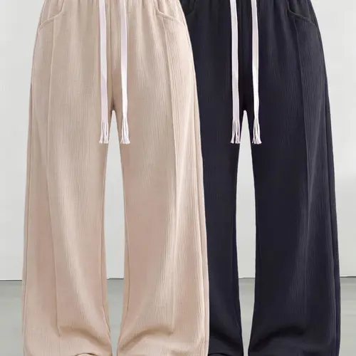 Soft Style Apricot Textured Casual Pants — Loose Wide Floor-Length Fit with Drawstring Waist; Versatile Women’s Long Pants for Commuting and Home Use