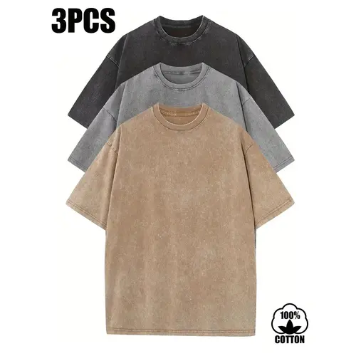Set of 3 men’s 100% cotton loose solid-color T-shirts; heavyweight vintage plus-size washed distressed casual short-sleeve crew neck T-shirts for summer outdoor wear