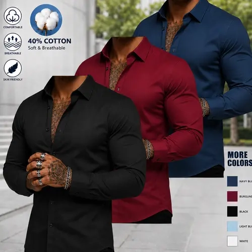 Men’s slim-fit long-sleeve button-up shirts, 3-pack — non-stretch, wrinkle-resistant, moisture-wicking, suitable for everyday wear