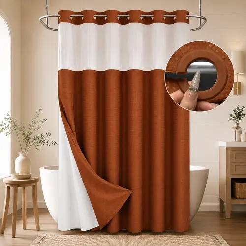 Brown No Hook Shower Curtain with Snap in Liner grey Waffle Pattern Shower Curtain Double Layer Shower Curtain -Fabric Waterproof Inner Liner,Bathroom Accessory for Home, Hotel, Salon & Dormitory Decor