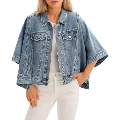 【Restock】Tankaneo Womens Jean Jacket Oversized Cropped Short Sleeve Cotton Denim Jacket Fall Trendy Cape Outerwear with Pockets