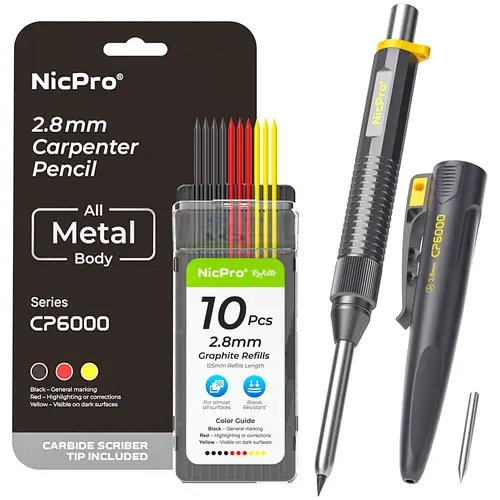 Nicpro 8-IN-1 CP6000 Metal Carpenter Pencil with Sharpener & Sheath, Heavy Duty Body, Deep Hole Construction Tool, 10 Refills, Carbide Scriber Tip, Durable Portable Pencils for Woodworking Marking