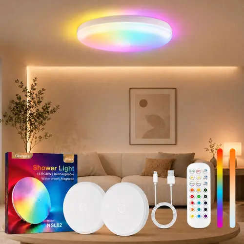 GIVRYES 2-Pack IP66 Waterproof LED Shower Lights - Touch Sensor & Remote Control Indoor Wireless Lamp, 10000mAh Batteries Rechargeable LED Ceiling System, RGB Neon Mood Lighting for Bathroom Closet,sohochic