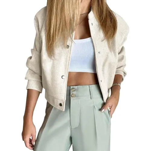 Tankaneo Womens Cropped Bomber Jacket Wool Blend Varsity Short Pea Coats Long Sleeve Button Down Winter Casual Outerwear