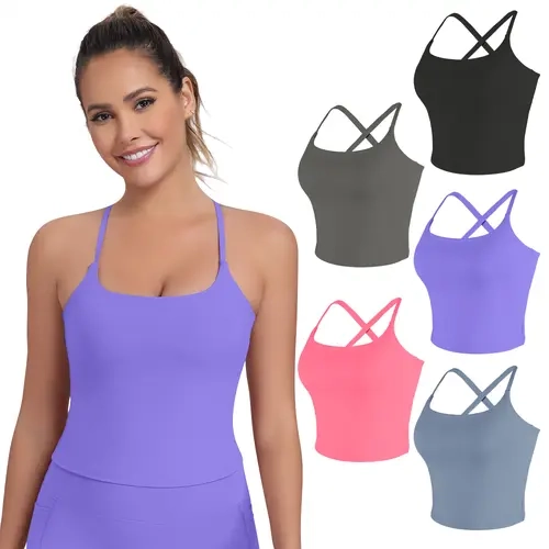 1/3/5-Pack Women's Adjustable Strap Built-in Bra Tank Top - Criss Cross Back & Thin Straps, Scoop Neck Longline Sports Bra with One-Piece Bra Pads, Soft Stretch Fabric for Yoga, Fitness & Workout