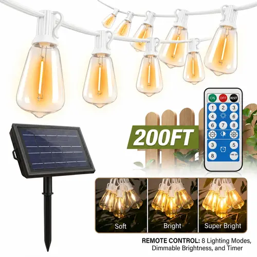 【GLEAM】Decorative LED String Lights, 100FT Solar Outdoor Patio Lights with Bulbs, 8 Modes, Dusk-to-Dawn Infrared Sensor, Dimmable, Waterproof, Shatterproof, Energy-Efficient for Back Porch, Decking, Backyard Glow Up,sohochic