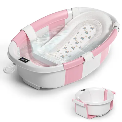 #sohochic MOREFEEL Collapsible Baby Bathtub for Newborns & Toddlers with Built-in Temp. & Supportive Cushion, Portable Design with Storage Bag & Wall Hook, Pink Baby Shower Gift, Spacious Size, Pvc, Toddler Bathtub Seat, Newborn Baby Stuff, Pp Pvc, Fo