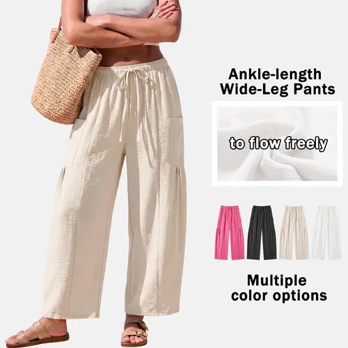 Women’s solid-color lightweight loose casual pants with an elastic drawstring waistband and side pockets, comfortable and breathable, suitable for everyday and home wear.