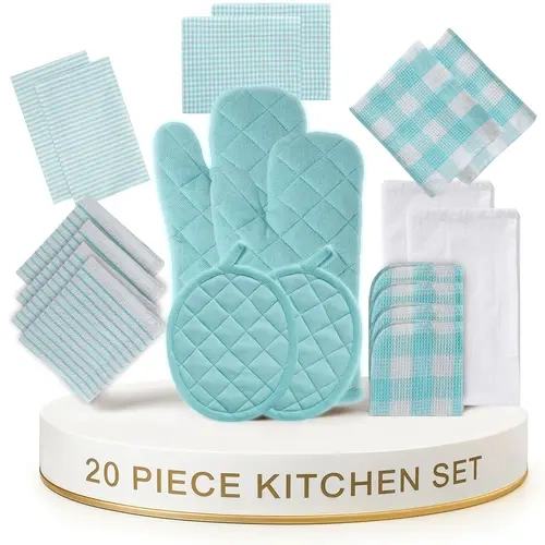 LANE LINEN 20-Piece Cotton Kitchen Towels & Dishcloths Set - Drying Towels, Terry Cloths, Scrubbers, Flour Sack Towels, 350°F Oven Mitts & Pot Holders - Housewarming, Wedding Registry & First Kitchen Gift for Bakers
