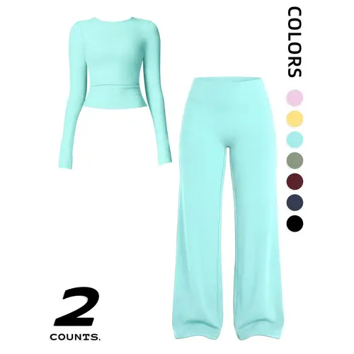 Women's Sportswear Set, Long Sleeve Round Neck Top & Wide Leg Pants, Plain Yoga Straight Leg Pants, Comfortable Fashion Workout Clothes