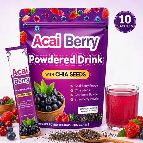 Acai Berry Strawberry Powdered Beverage - 10 Individual Ambient Single Serve Sachets, with Chia Seeds, Cranberry Mix, Instant Blend for Travel, Office, Adults