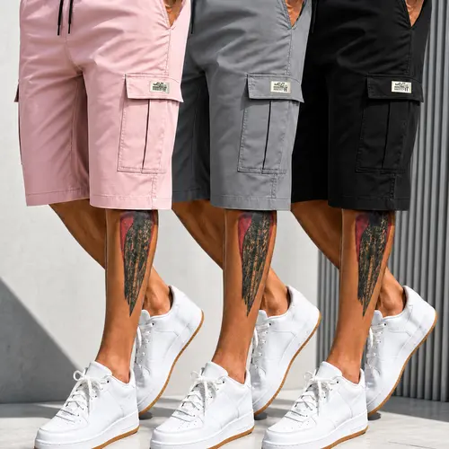 URMCZ Men's Fitted Matching Shorts Set - Chic Preppy Breathable Cool Drawstring Color-Mixed Shorts, Lightweight 4-Way Stretch, Slanted Multipockets, Rhinestones, Work Beach Wear (Black, Brown, Green, Pink)