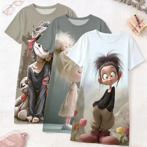 3-Piece Set Cute Plush Animal Large Print Short Sleeve Round Neck Women's Nightgown Pajamas Pjs, Spring Summer Autumn Wear, Casual Home Sleepwear