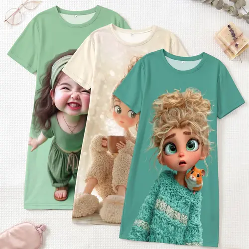 3-Piece Set Cute Girl Doll Large Print Short Sleeve Round Neck Nightdress, Loose-Fitting Sleepwear for Spring Summer Fall