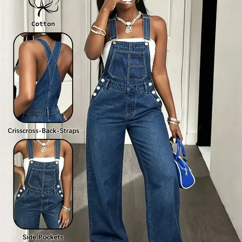 Women's Blue Denim Overalls, Jeans Bib Overall, Adjustable Straps, Wide Leg Design, High Waist Jeans, Pockets, Fashionable Comfort, Daily Wear
