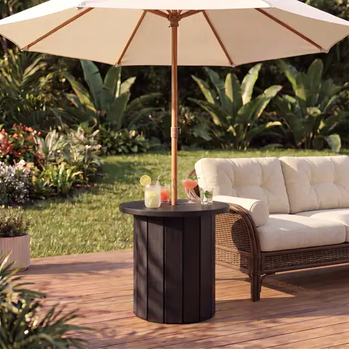 2-in-1 Patio Umbrella Base with Outdoor Side Table, Patio End Table with Umbrella Hole, Patio Bar Table for Drinks, Snacks & Decor, Space-Saving Umbrella Stand for Patio, Porch, Deck, Fits 1.5"-1.9" Umbrella Pole, HDPE Woodgrain Table, #sohochic