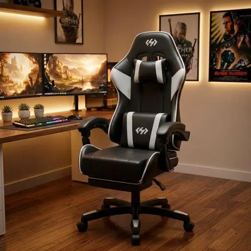 Ecofurnix Modern PU Leather Gaming Chair - BIFMA-Certified Base, Ergonomic High-Back Computer Office Chair with 30D Memory Latex Lumbar Support, Headrest, Footrest, Adjustable Armrest, 360° Swivel, Adjustable Height, Heavy-Duty Casters