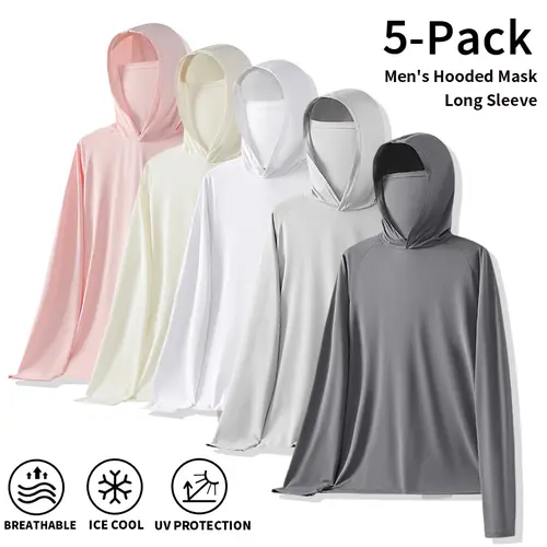 Men's 5-Pack Athletic UPF Sun Protection Hoodies - Slim Fit, Lightweight Ice Silk Long Sleeve Shirt, Attached Face Mask, Quick-Dry, Breathable Sports Hoodie for Outdoor Fishing, Elastane Pullover