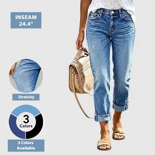 Flamingals Wash Button Tab Roll Hem Mid Waist Straight Leg Crop Jeans Womenswear Stretchy 24.4" Inseam