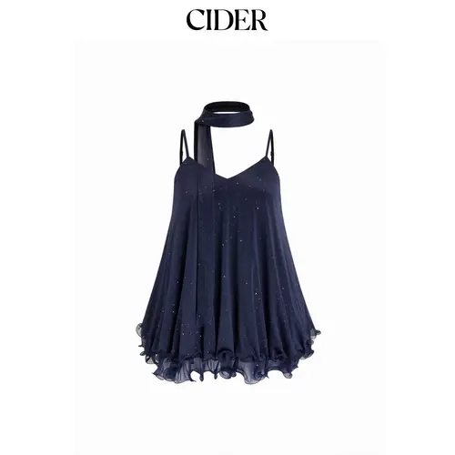 Cider Sequin V-Neck Halter Ruffled Hem Oversized Mini Dress With Scarf SohoChic