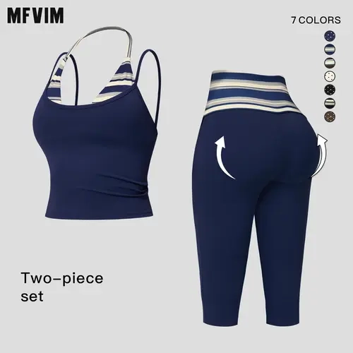 MFVIM women’s color block double layer halter yoga tank top set — waist cinching, butt lifting mid length athletic shorts; two piece fitness set with a nude feel,travel essentials,camping essentials,sohochic