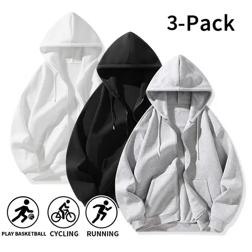 Men’s zip-up hoodie three-piece set — solid color, loose fit, zipper design, suitable for running, cycling, and indoor/outdoor use — multifunctional menswear