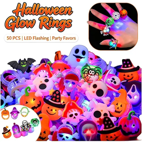 50pcs Glow Flashing LED Halloween Rings with LED Lights, Child Festive Party Favors, Halloween Goody Bag Basket Stuffers Fillers,sohochic