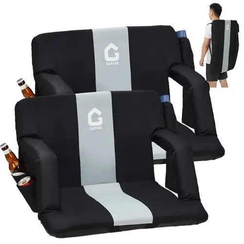 GARVEE  Foldable Reclining Stadium Bleacher Seats, 6-Position Adjustable Backrest Padded Bleacher Chair with Armrests, Dual Cup Holders & Large Storage Pockets, Non-Slip Secure Fit Collapsible Chair for Sports Games, Camping, Outdoor Events