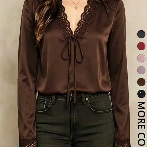 Spring Summer Satin Lace Trim Short Sleeve Shirt, V Neck Tie Design, Loose Fit Slimming Daily Commute Top, Women's Fashion Blouse
