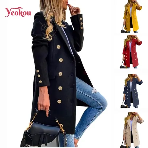Yeokou Women's Fitted Long-Sleeve Double-Breasted Wool-Blend Midi Pea Coat - Casual Outerwear, Wool Overcoat for Fall Winter Jackets,sohochic