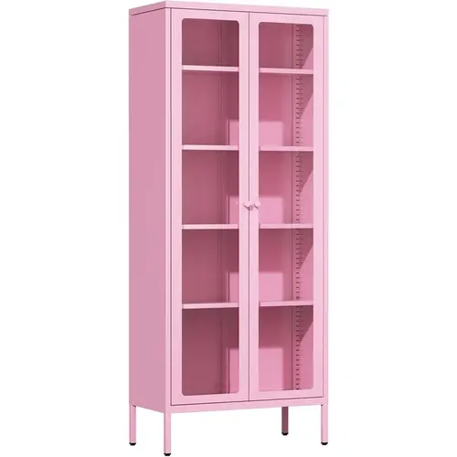 INTERGREAT Metal Storage Cabinet with Glass Doors, Display Curio Glass Cabinet with 4 Adjustable Shelves, Tall Modern Office Storage Cabinets for Home Office, Living Room, Pantry(Pink)
