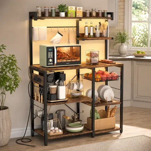 Homieasy Bakers Rack with Power Outlet and LED light strings, Microwave Oven Stand Kitchen Storage Shelf with Wire Basket, Coffee Bar Station Island table with 10 hooks for Spices, Pots