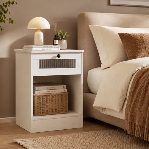 VOWNER Modern Nightstand with Fluted Glass Drawer, End Table with Open Storage Shelf, Small Bedside Table for Bedroom, Living Room & Office