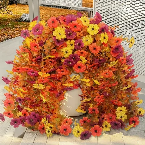 8 Pcs Artificial Fake Hanging Flowers Plants for Outdoor Fall Decoration,Faux Silk Daisy with Eucalyptus Leaves,UV Resistant Look Real for Outside Home Indoor Planter Porch Patio Yard Autumn Decor