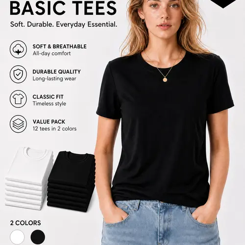 Women's Classic Minimalist Soft Cotton Solid Color T-Shirts 12-Pack, Basic Round Crewneck Short Sleeve Tops for Casual Everyday Wear & Easy Layering, Cold Wash Compatible, Solid Colors,sohochic