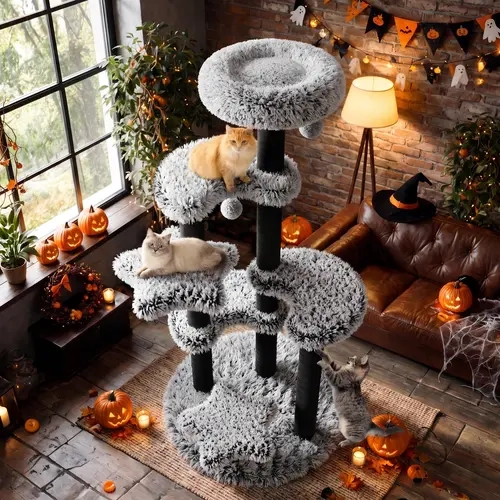 SHA CERLIN 61.5"(5.1ft) Modern Halloween Celestial Plush&Sisal Cat Tree, Multi-Level Tower with Luxury Long Pile Fabric, Fully Sisal Scratching Posts for Indoor Cats Cozy Lounging, Black & White, Cat Tree Tower, Cat Playground, sohochic