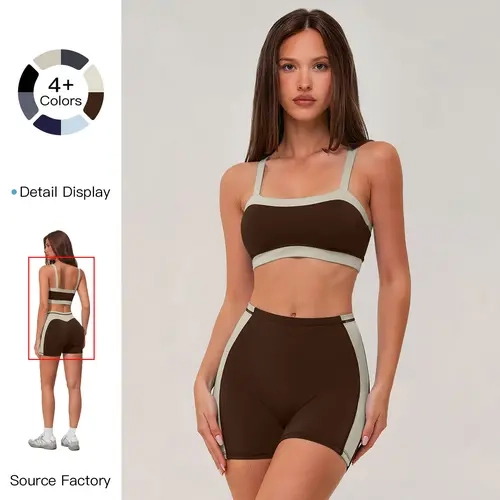 MFVIM women’s color-block sports bra with thin straps and high-waisted color-block shorts set, suitable for outdoor cycling, mountain climbing, yoga, gym workouts, and running.,sohochic